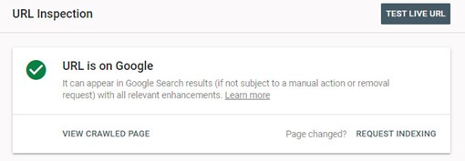 Google Search Console’s confirmation of indexing message