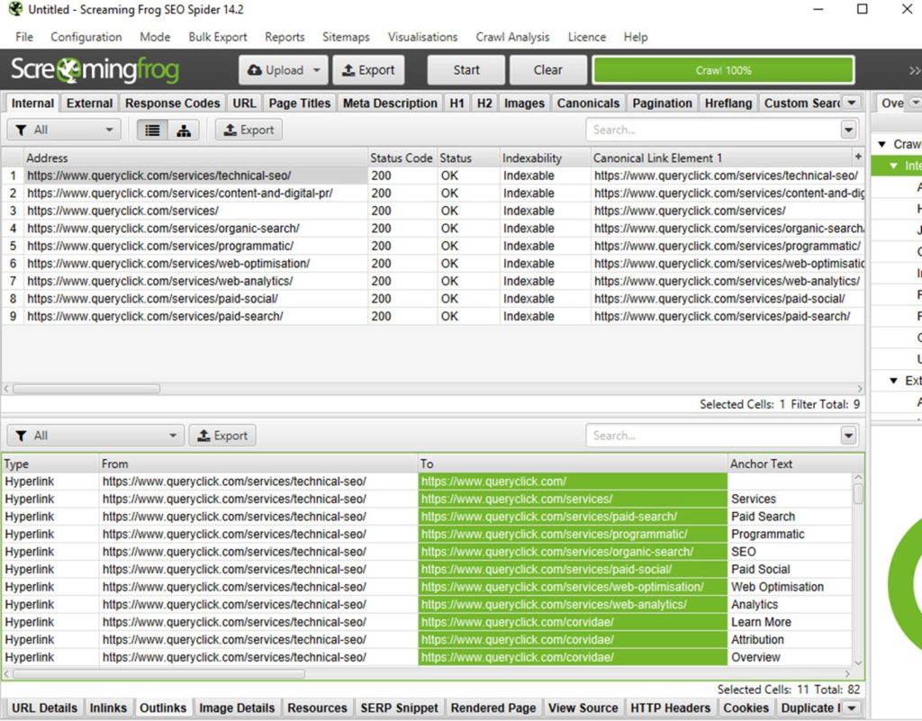 Screaming Frog outbound links crawl result
