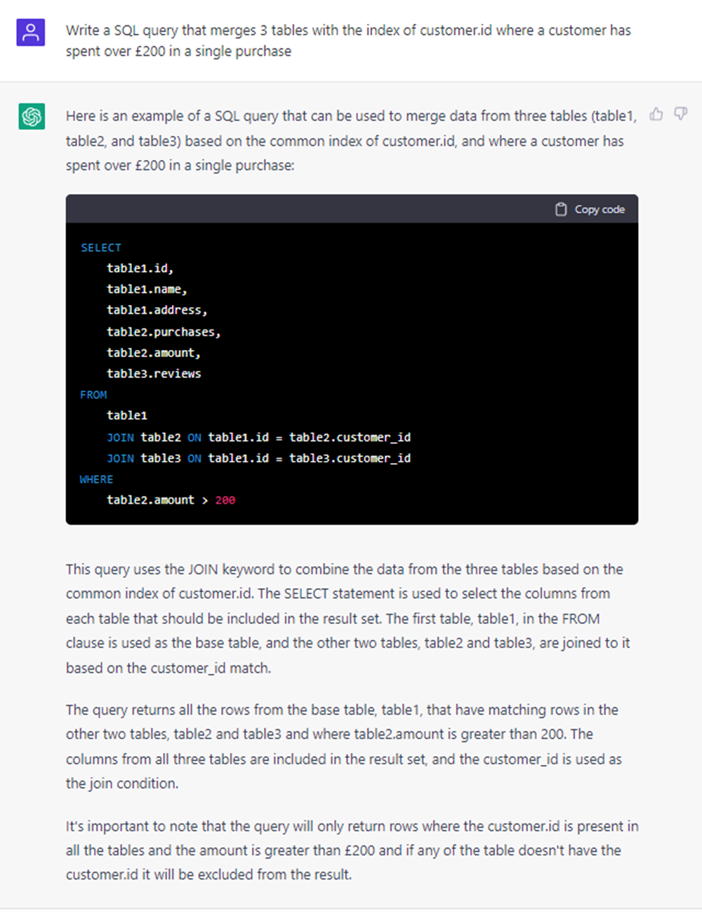 Using ChatGPT to create SQL queries