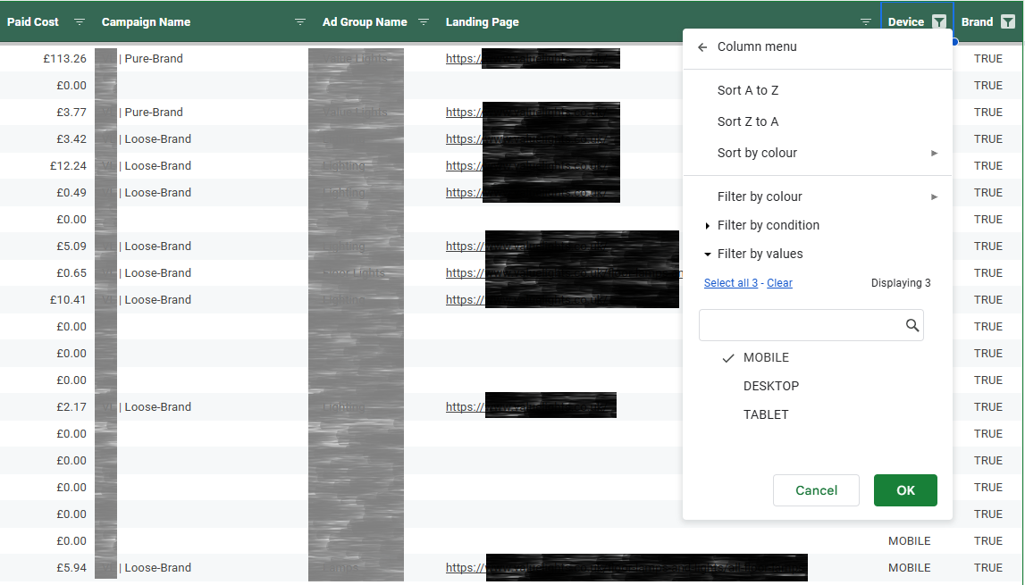 Using Google Sheets we can filter using our attributes to find insights like High Absolute impression Share opportunities.